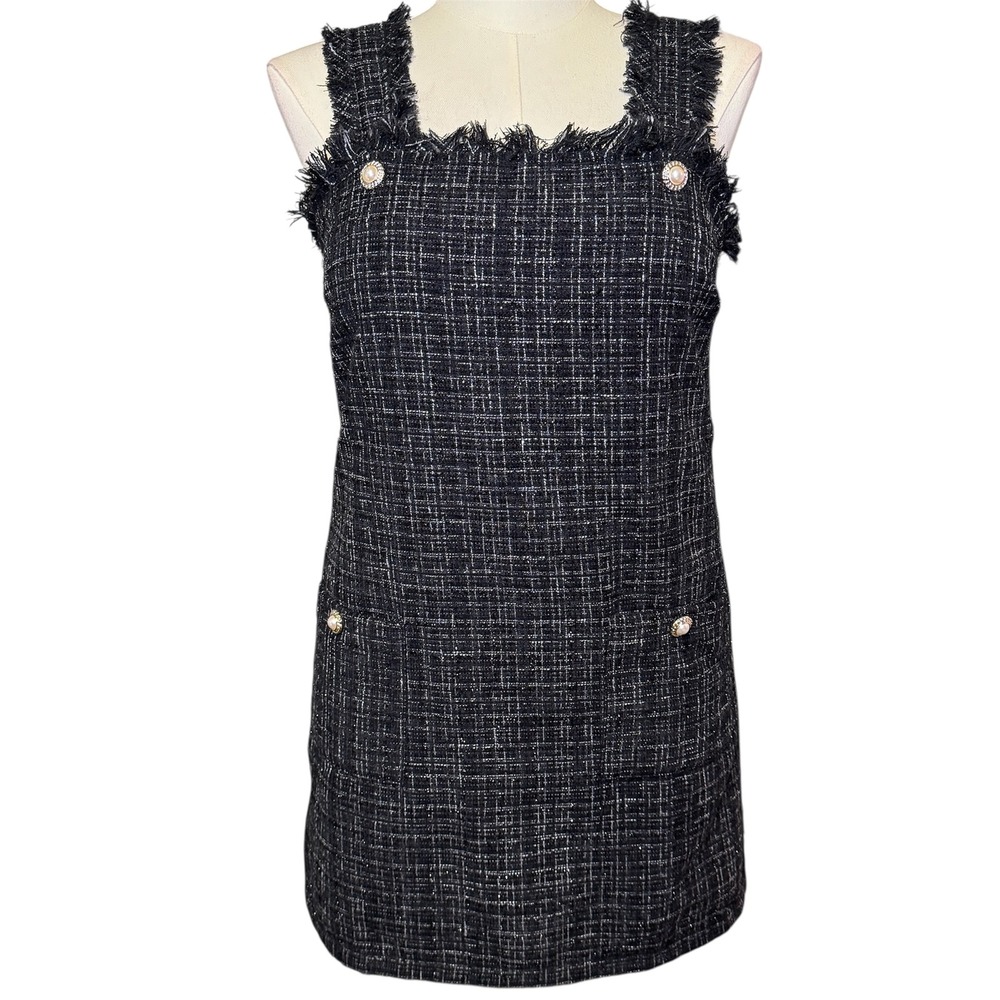 Entro Black White Tweed Frayed Strap Button‎ Detail Mini Dress Women's L